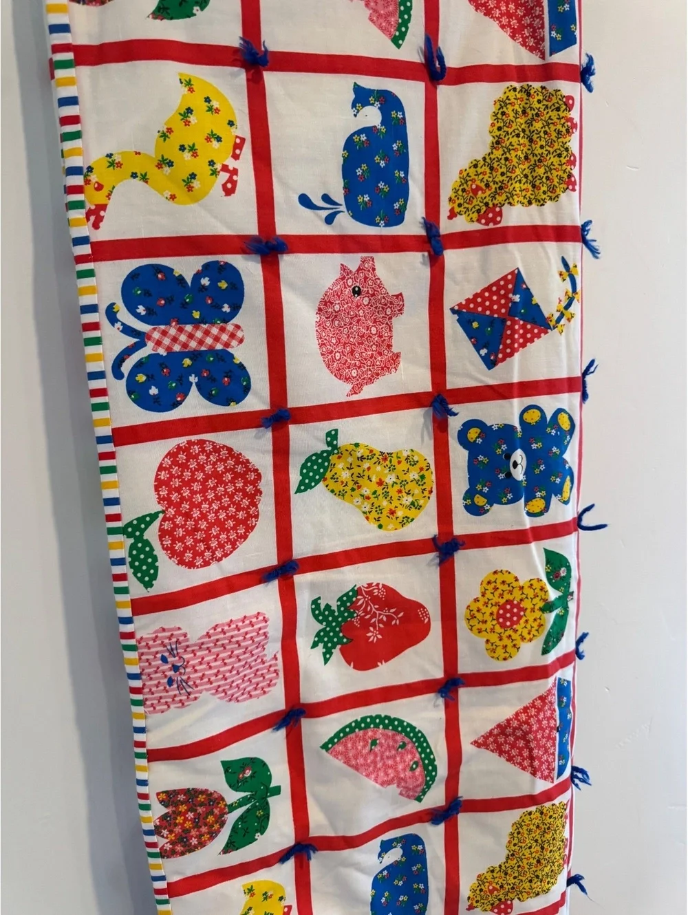 Vintage Handmade Patchwork Quilt Blanket – Colorful Animals Fruit Retro Nursery